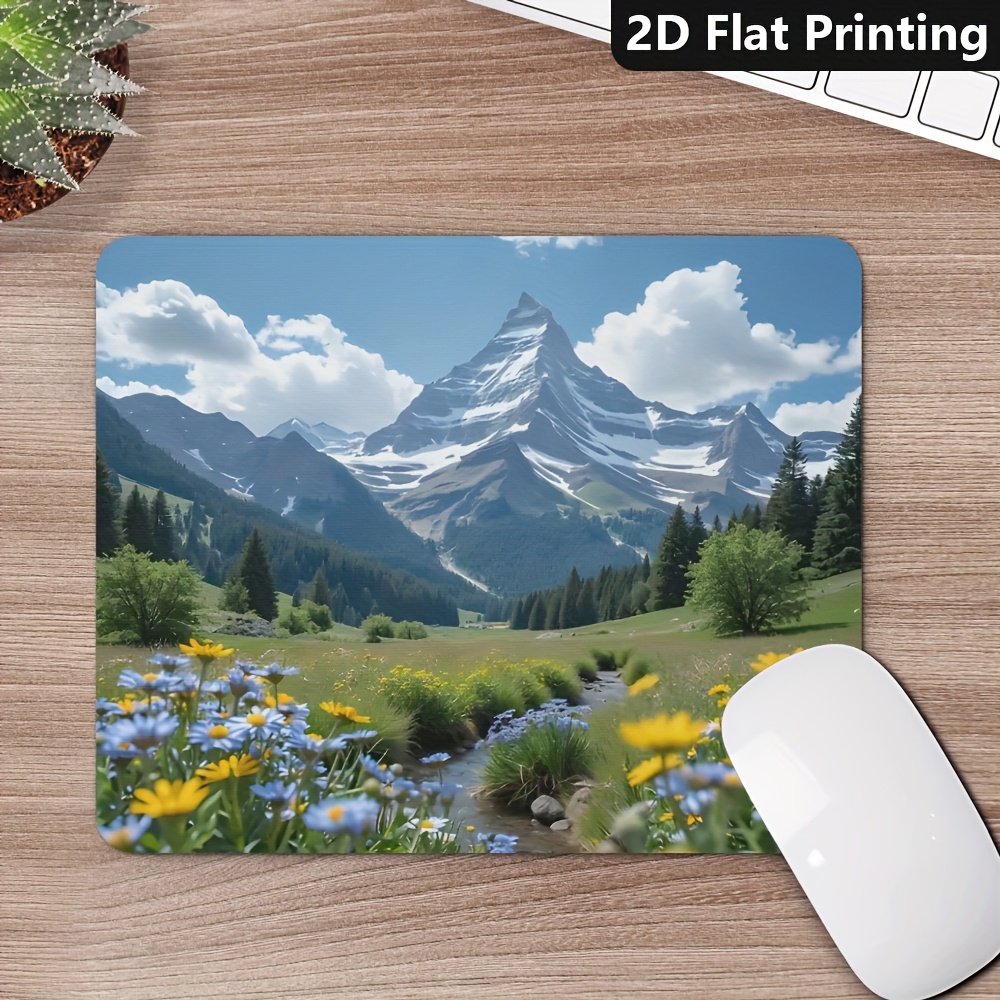 Desk Setup Gear - Gaming-Büro-Mauspad, rutschfest, malerische Berg- und Blumenlandschaft,