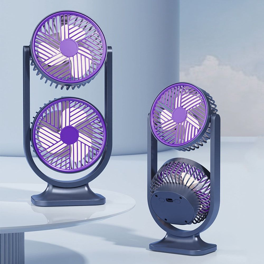 Desk Setup Gear - 5-Gang Doppelkopf-Tischventilator mit Nachtlicht, USB-Aufladbar, Geräuscharm,